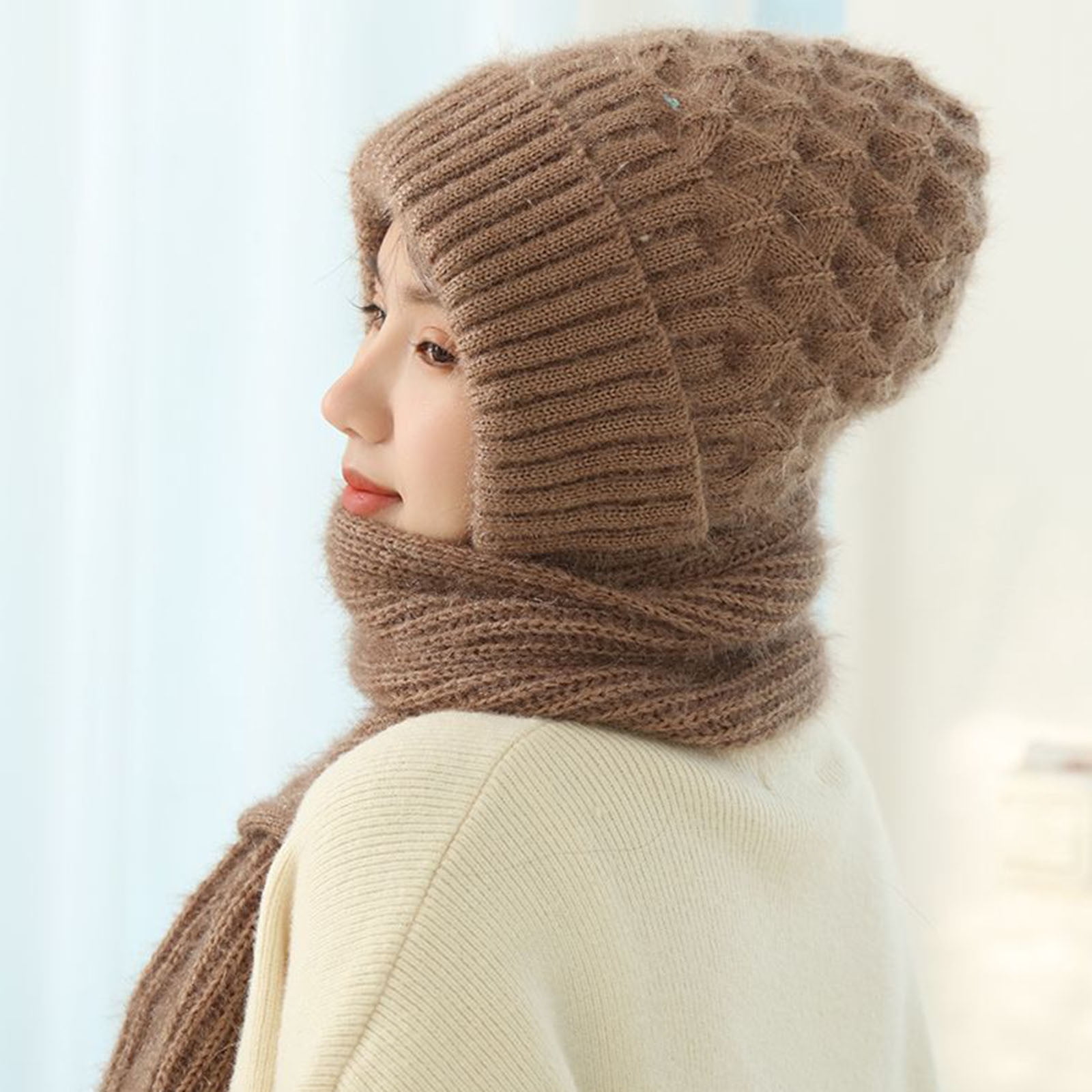 Xfvqtps Womens 2 PCS Beanie Scarf Integrated Knitted Crochet 
