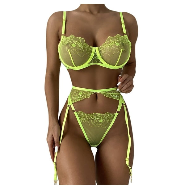 Gibobby Conjunto Lencería Tanga Y Bralette Sexy Ring Lace Garter Ropa interior de Lencería de Ropa de dormir Pijamas Íntimos(Verde, CH)