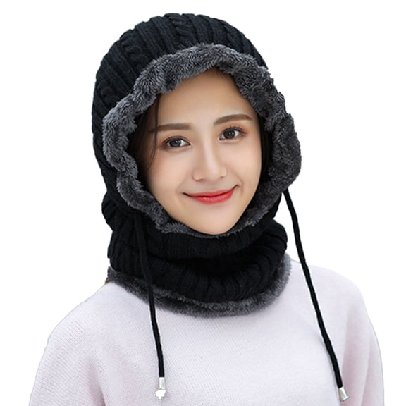 Morttic 2in1 Womens Winter Beanie Hat Scarf Hat Set Conjoined Neck Head Warmer Wrap Warm Winter Hats Neck Scarves(Black)
