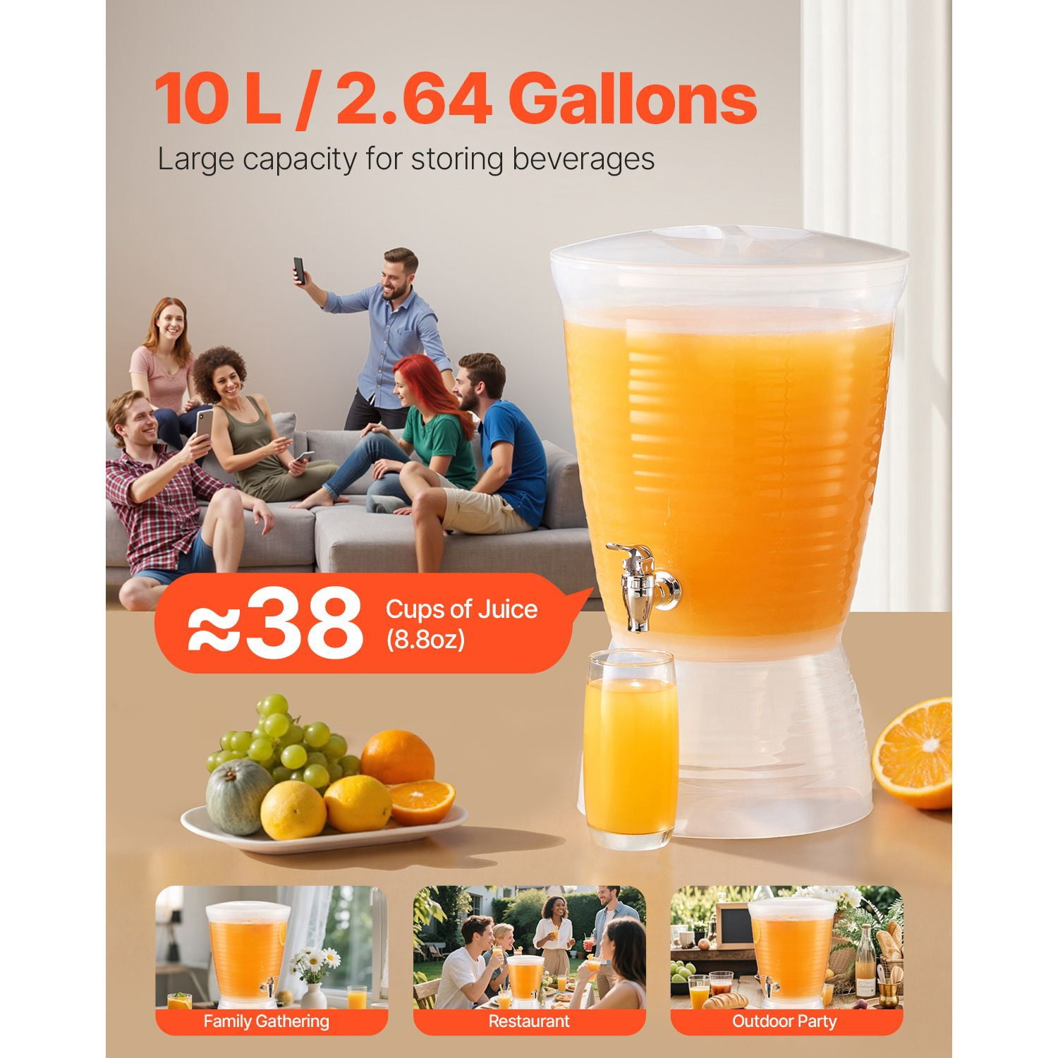 Beverage Dispenser 2.64 Gallon, Semi-Transparent with Ice Chamber, No-Drip Spring-Loaded Spigot, Food-Grade PP, Dishwasher Safe for Parties Restaurants Hotels