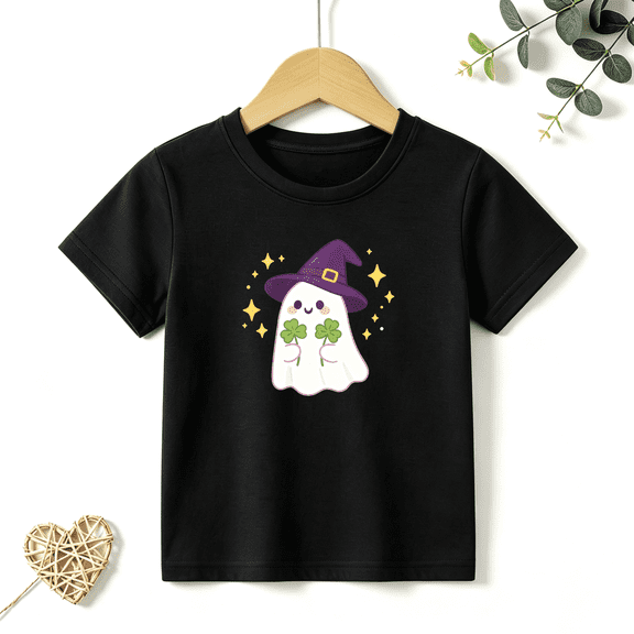 Girls Graphic Tees Ghost Shamrock Kids T Shirt Cute Halloween 100% Cotton Short Sleeve Soft Tops 4-13Y