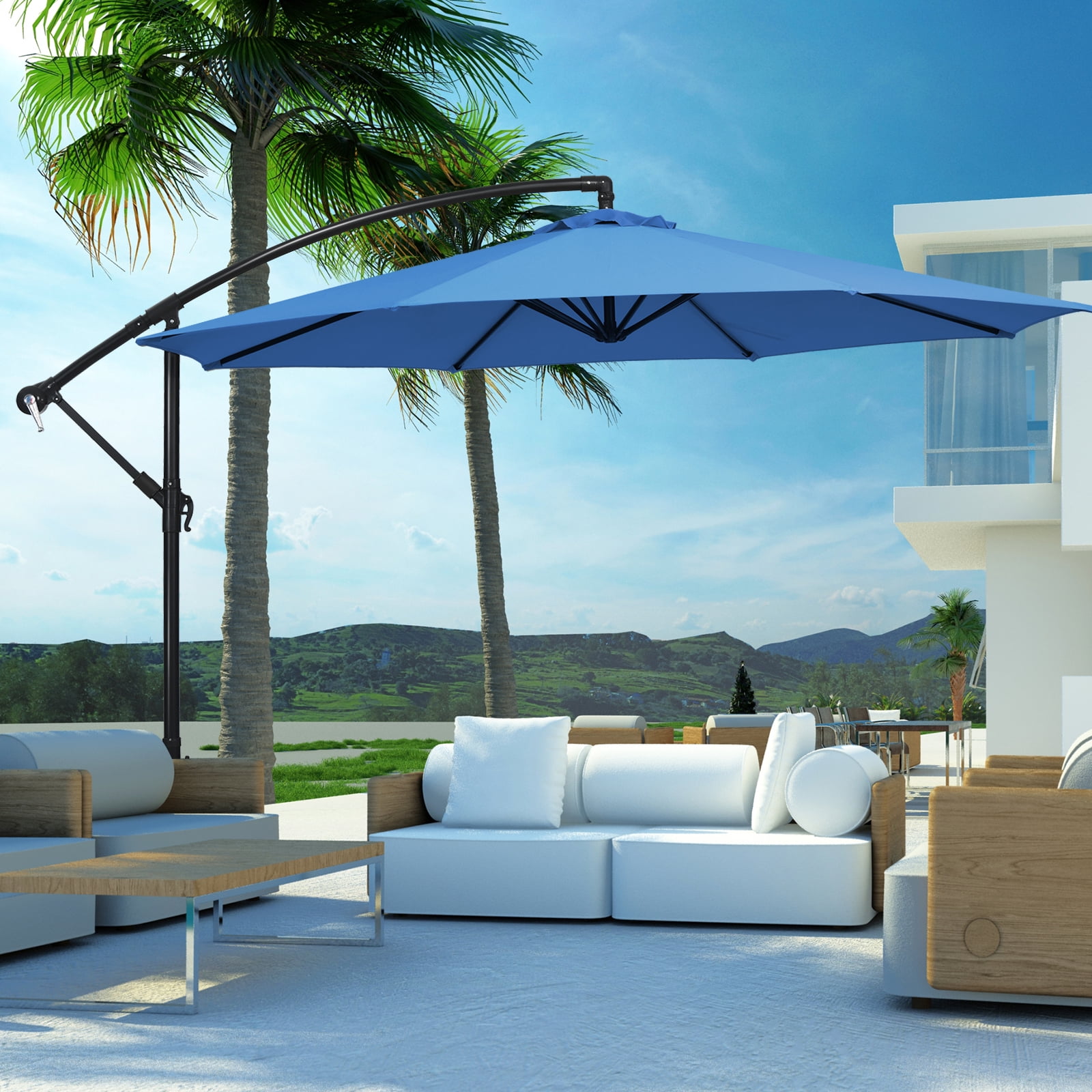 Patiojoy 10FT Patio Offset Umbrella 8 Ribs Cantilever Umbrella w/Crank for Poolside Yard Lawn Garden Navy
