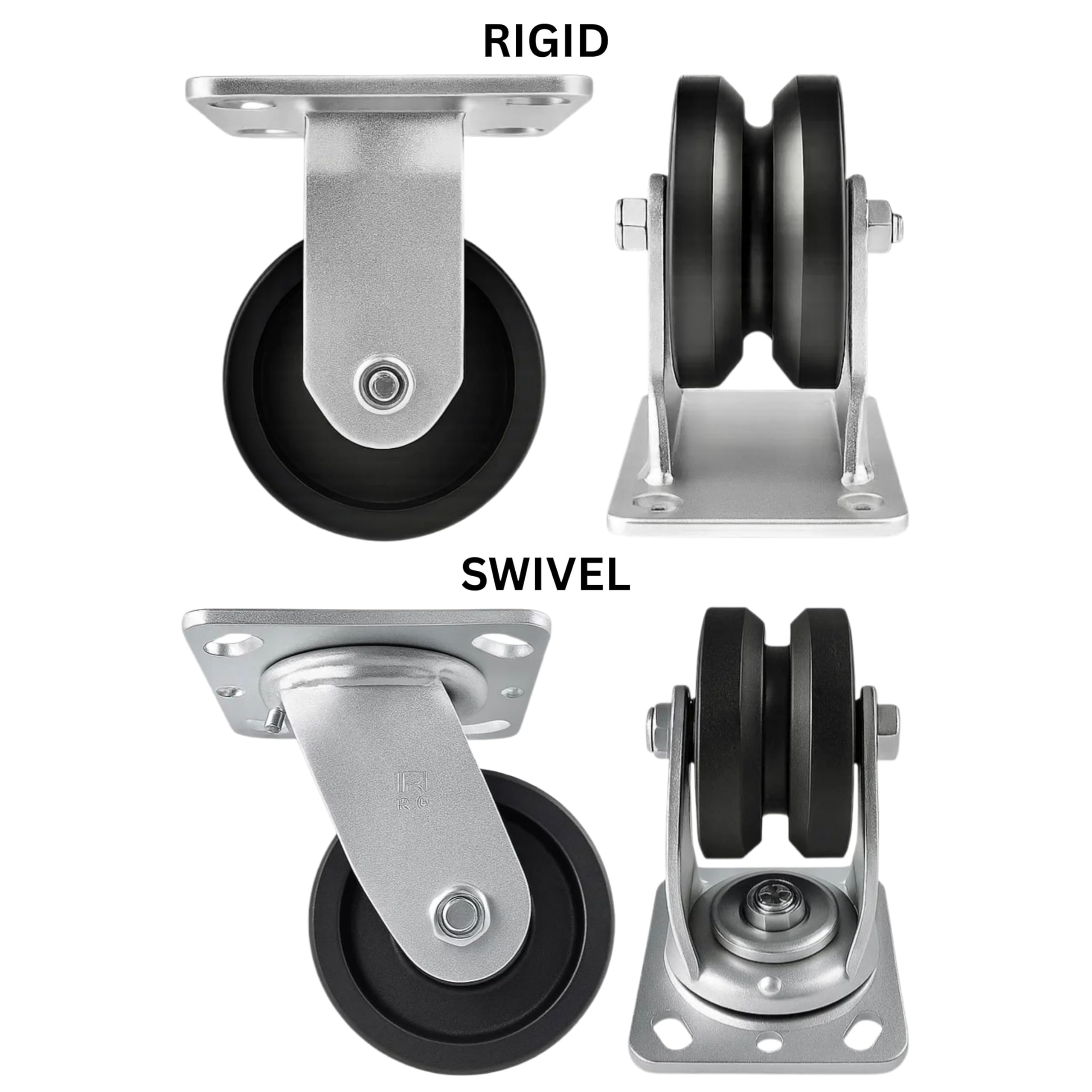 4 Heavy Duty Caster Set 4" V-Groove Wheels - 2 Rigid + 2 Swivel