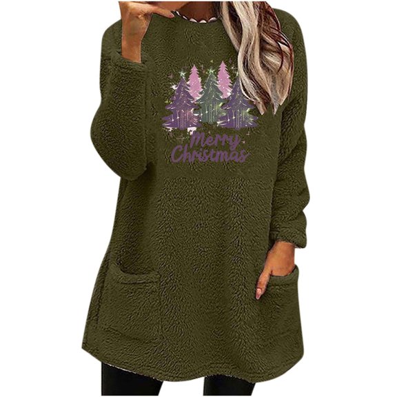 Merry Christmas Sweatshirts Women Funny Graphic Fuzzy Fleece Crew Neck Sweatshirt Warm Winter Long Sleeve Tops Pocket