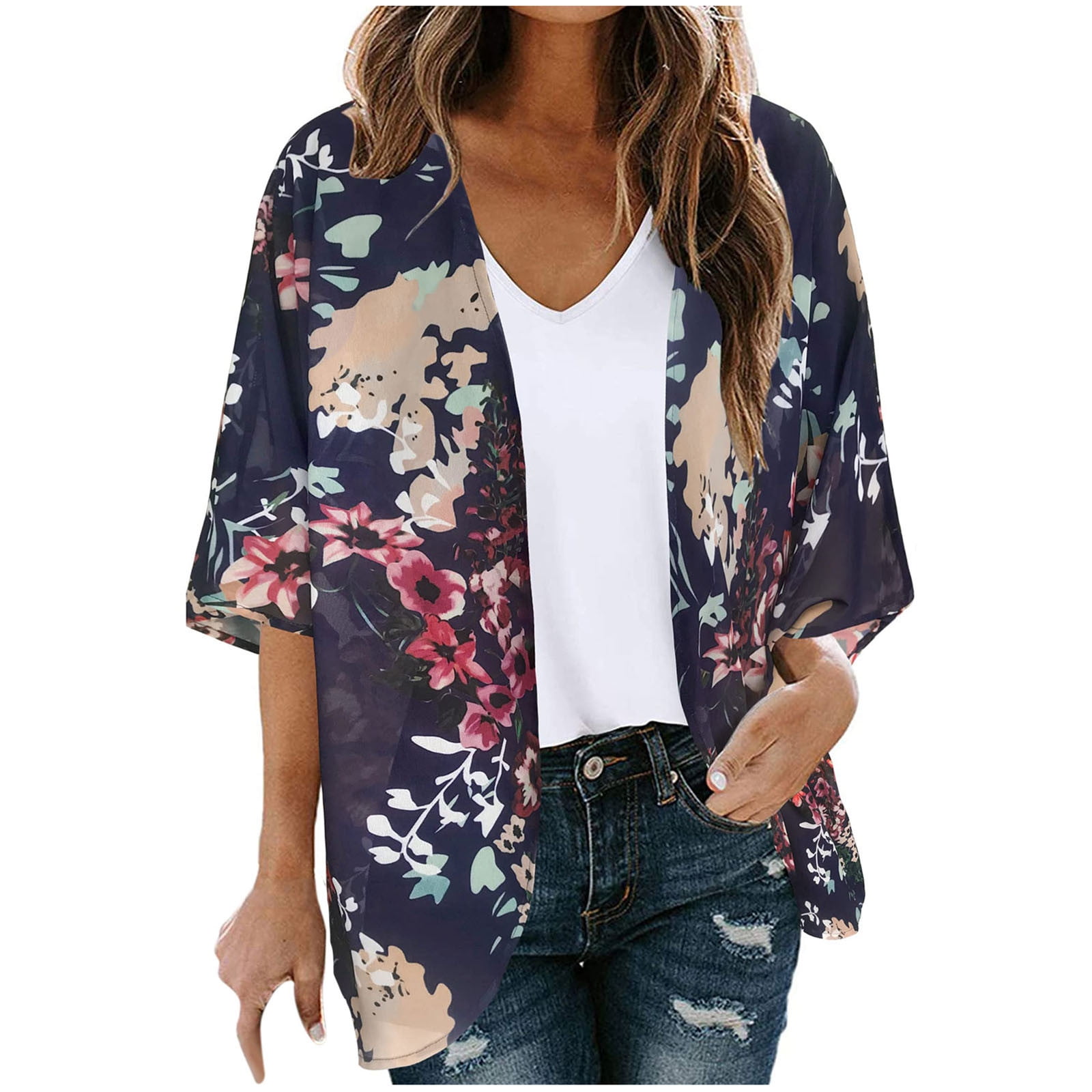 Chiffon Kimono Cardigan for Women Half Bell Sleeve Loose Beach Lightweight  Floral Print Cover Up Blouse Tops (Large, Navy)