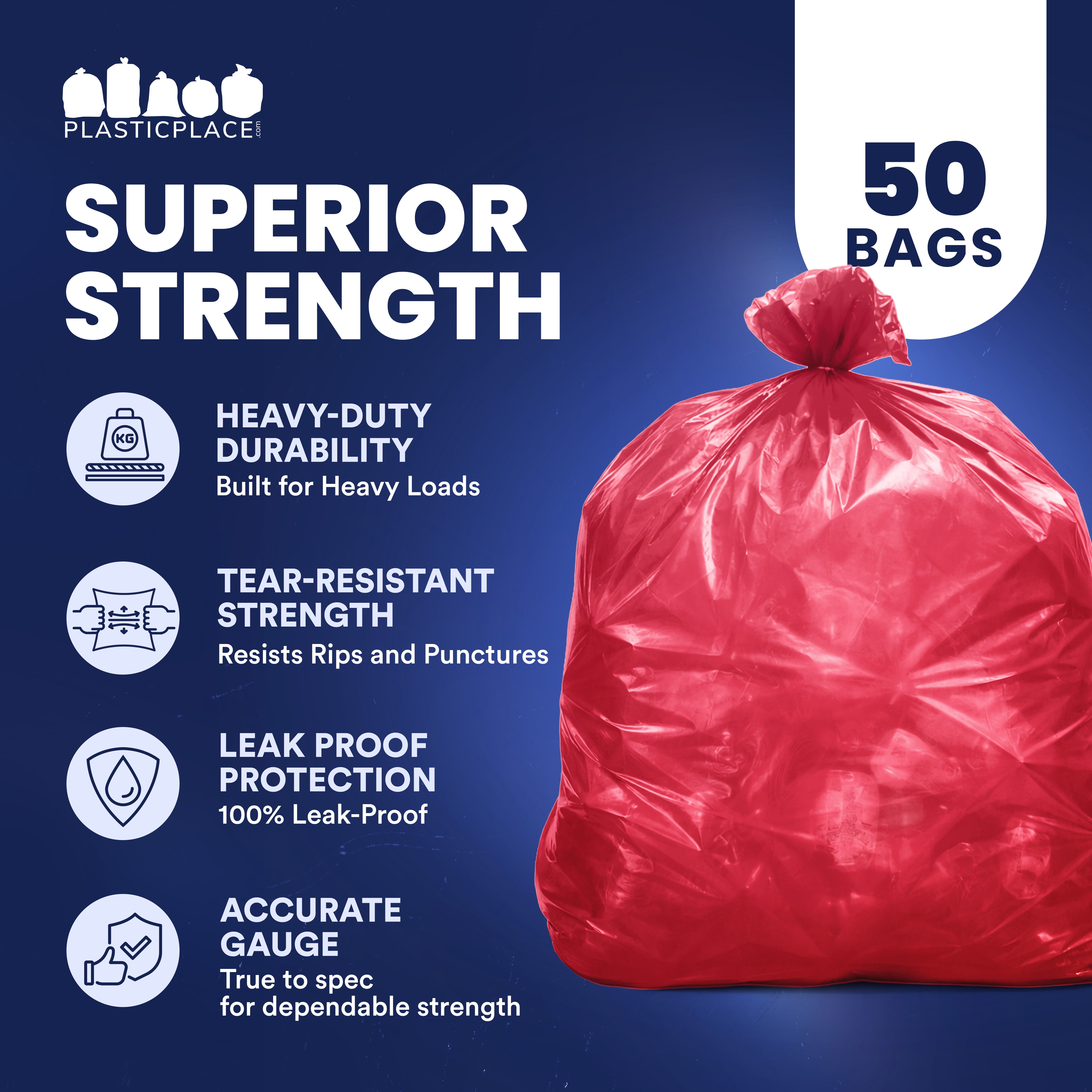 Plasticplace 55-60 Gallon Trash Bags │ 1.2 Mil │ Red Heavy Duty Garbage Can Liners │ 38” x 58” (50 Count)