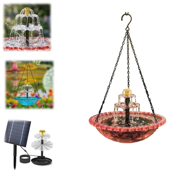 Solar Cascade Hanging Bird Bath Fountain, 3-Tier Cascading Outdoor Water Feature with Solar Pump & Glass Bowl, Large Birdbath for Hummingbirds, Patio, Yard, Garden Decoration,B,red