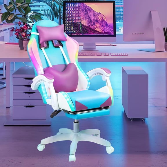 Gaming Chair with LED Lights on Back and Seat, Ergonomic Computer Chair with Footrest, 155° Reclining Video Chair with High-Density Foam Cushion, Supports 300 lbs, Pink
