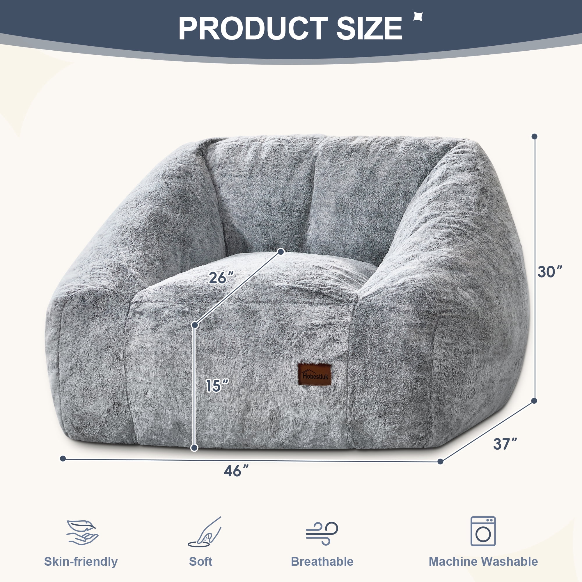 Hobestluk Oversized Bean Bag Chair for Adults with Filler, Large Cozy Reading Chair, Comfortable Lounge Chair for Living Room and Bedroom (Grey Two-Tone)