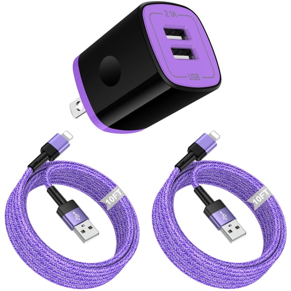 Compatible for iPhone Charger, HOOTEK Dual Port Charger Block Phone Charger with 2Pack 10FT Lightn-ing Cable Cord Charging Cord USB Wall Charger Adapter Cube Compatible for iPhone14/13/12/11, Purple
