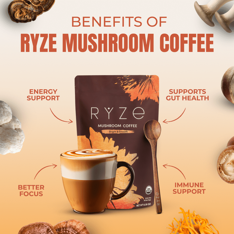 mushroom coffee glp 1 RYZE SUPERFOODS Mushroom Medium Roast Coffee USDA Organic with 6  Adaptogenic Mushrooms, USA Grown Instant Coffee for Better Energy, Focus  Digestion