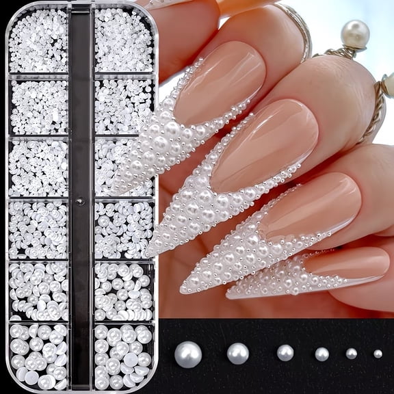 12 White Semi-Circular Imitation Pearls for Nail Art - Elegant DIY Nail Decorations for Manicure Charms