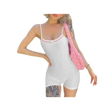 

Women Y2k Ribbed Knit Jumpsuit Bodycon One Piece Rompers Playsuit Casual Button Collar Bodysuit Overall 90s Streetwear