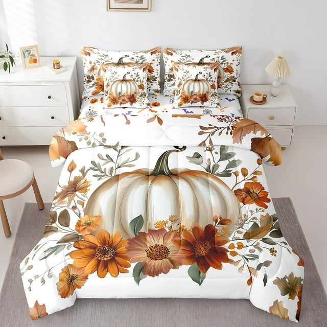 YST 7 Piece Bed in a Bag Twin Size Comforter Set for Kids Pumpkin Bedding Set,Thanksgiving Reversible Bed Set,Sunflower Comforter with Sheet Set,All Season