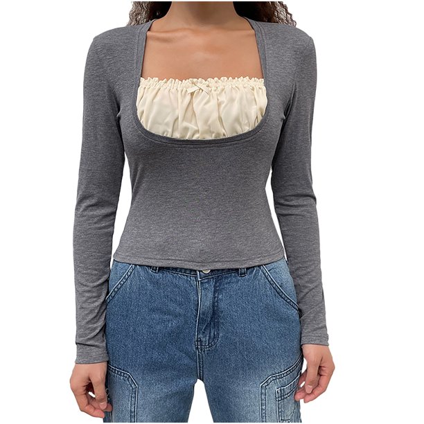 Moda mujer casual apretado pulóver empalme irregular cuello redondo camisetas tops Fridja FKASFK2632