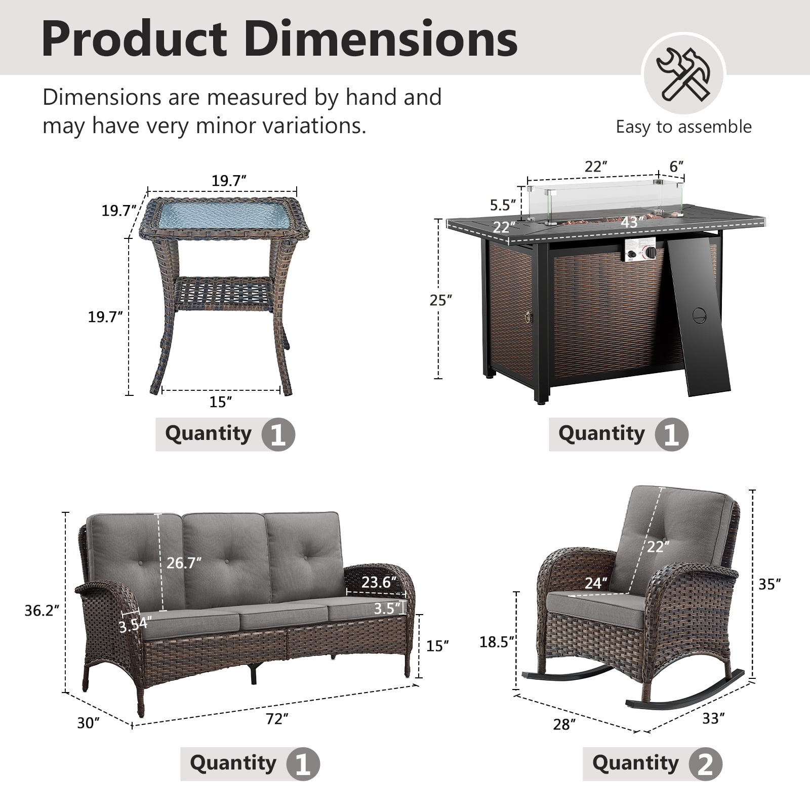 OPOHORO 5 - Pieces Patio Furniture Set with 43" Rectangular Fire Pit Table, Outdoor Conversation Sets with Glider Chairs and Glass Side Table, for Garden Lawn Balcony, Gray Cushion