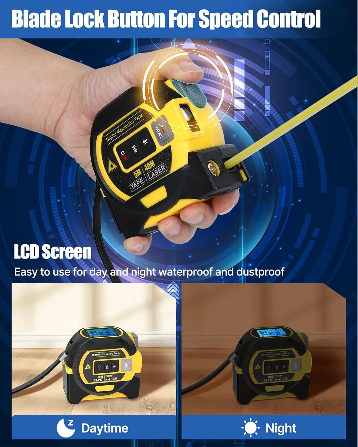 3-in-1 Digital Tape Measure & Laser Rangefinder with Cross Line, LED Display, Auto Lock, Measures Area, Volume & Pythagorean Theorem