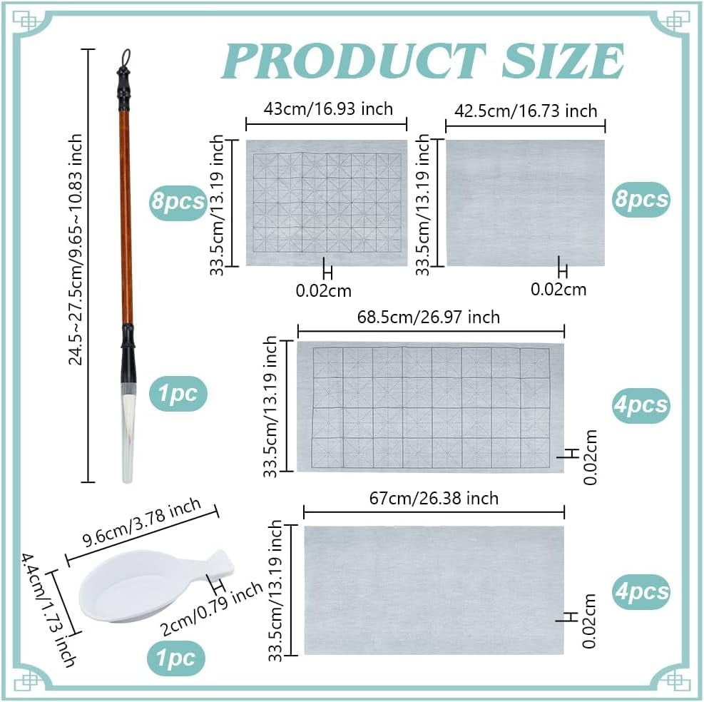 26Pcs No Ink Chinese Calligraphy Set with 24Pcs Grid Water Drawing Writing Cloth 1Pcs Traditional Calligraphy Writing Brushes Pen 1Pcs Water Dish for Calligraphy Class and Chinese Beginners Colorful