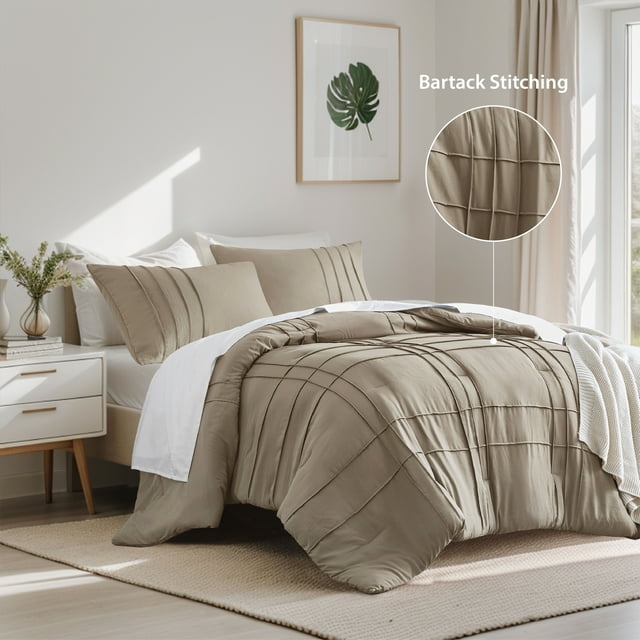 Regency Heights Queen Comforter Set, Boho 3-Piece Pintuck Stitching Bedding Set, Soft Washed Pleated Bed Sets with Pillow Sham Khaki