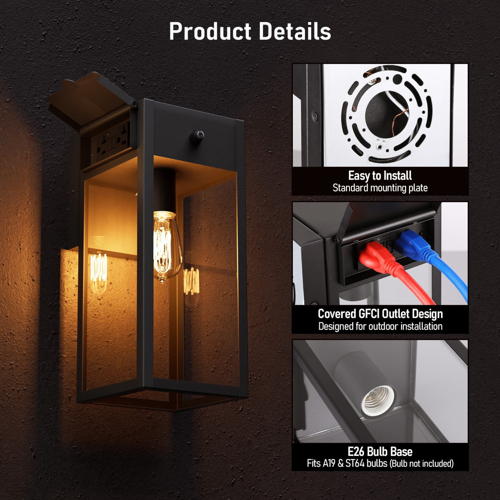 4 Pack Dusk to Dawn Outdoor Rectangular Wall Sconce with GFCI Outlet, E26 Base Exterior Wall Light, Max 60W, Waterproof Wall Mounted Porch Light