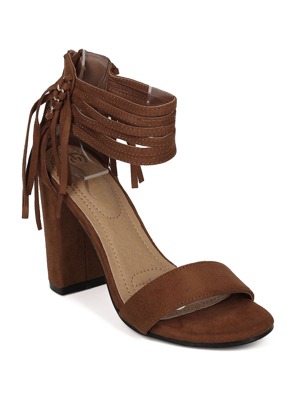 fringe block heel sandal