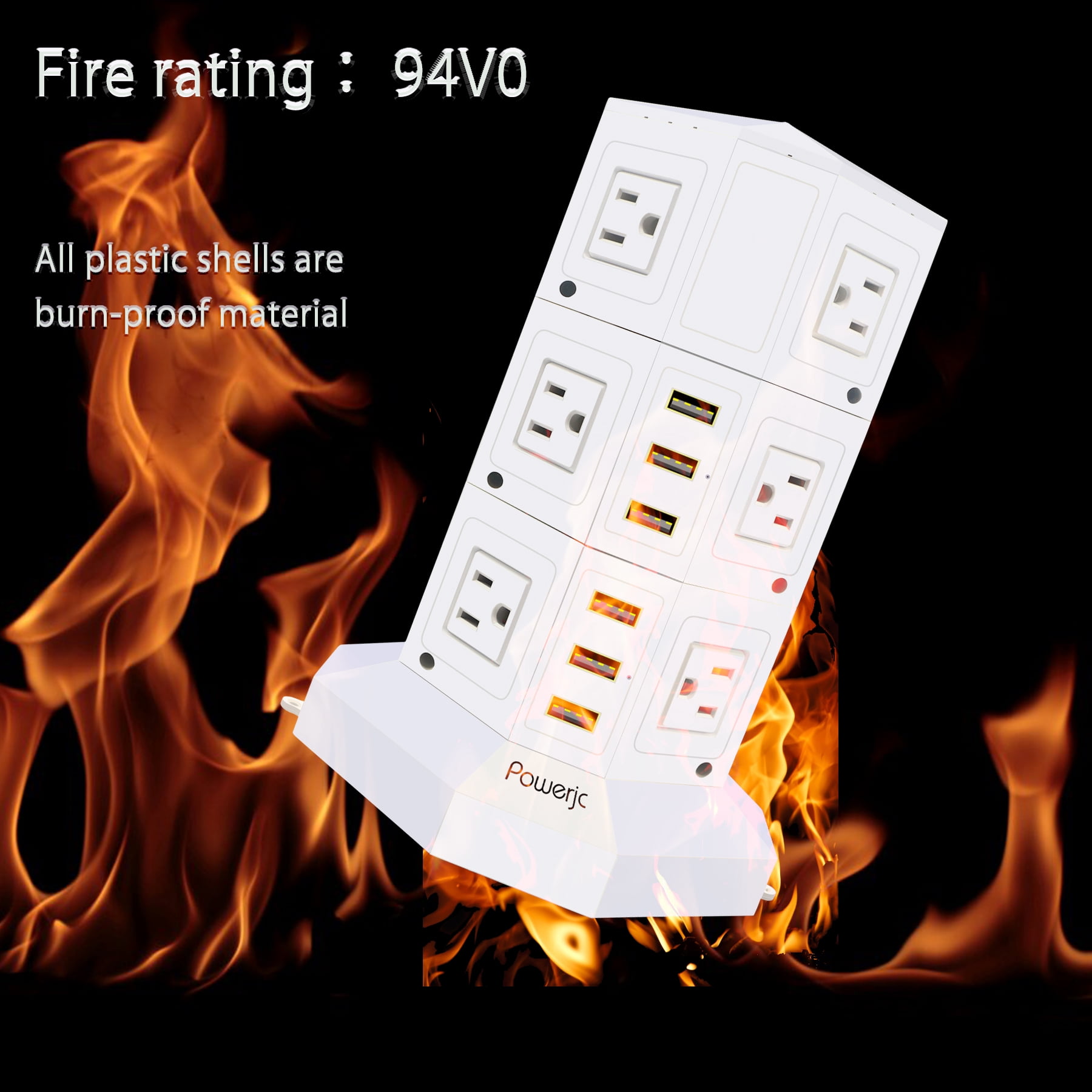 Powerjc Tower Power Strip Surge Protector 12 AC Outlets with 6 Ports USB Chargers 118 Inch Long Extension Cord Indoor White