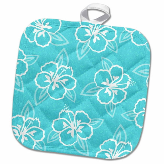 3dRose, Hawaiian Hibiscus Flower Print - Light Blue and White, 8x8 Potholder