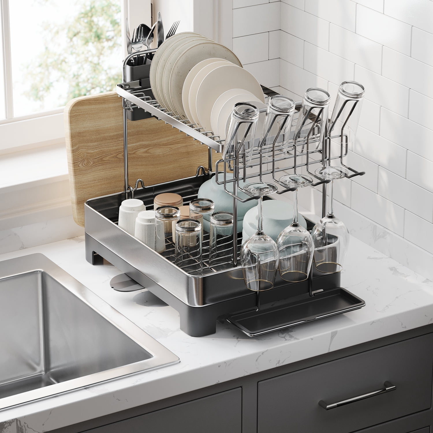 LEDREM 2-Tier Dish Drying Rack - Stainless Steel with Rotating Drain Spout, Holds Plates, Bowls, Cups, Utensil & Cutting Board Organizer, Silver and Black