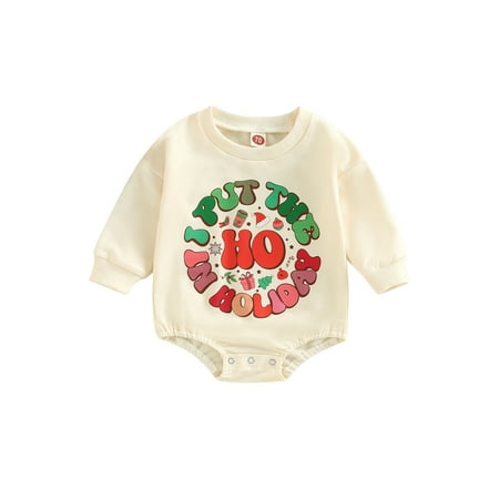 

Canrulo Newborn Baby Girl Boy Christmas Outfits Sweatshirt Romper Sweater Long Sleeve Bodysuit Fall Clothes Beige Letter 0-6 Months