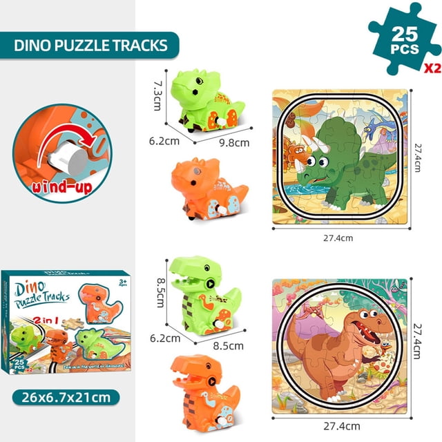 Set de pistas de coches con dinosaurios 2 en 1 con coches de dinosaurios para niños de 3 a 6 años. Ideal para niños de 3 a 6 años. Incluye rompecabezas.