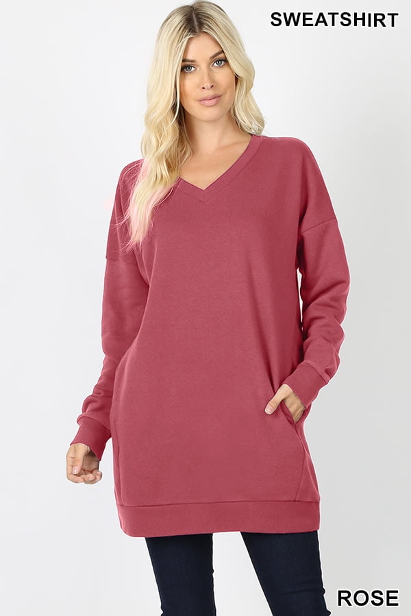 Women Oversized Loose Fit V-Neck Tunic Length Sweatshirts Top - Walmart.com