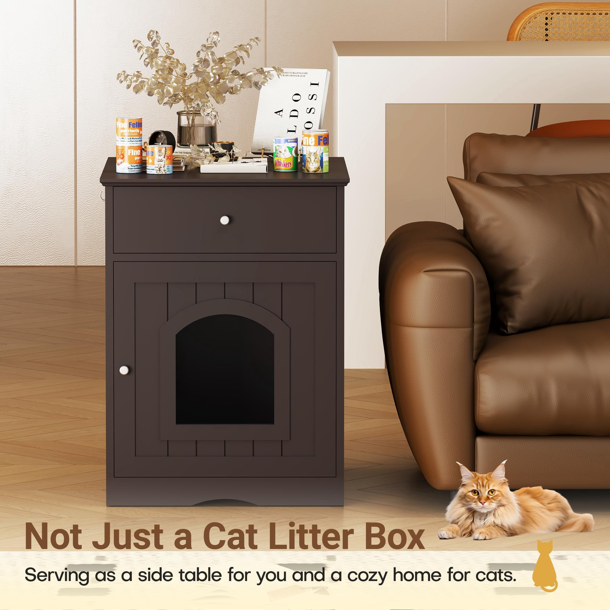 HOYOA 20" Cat House Covered for Indoor, Hidden Crate Litter Box Enclosure, Hooded Cats Furniture Cabinet Kitty Washroom, Brown