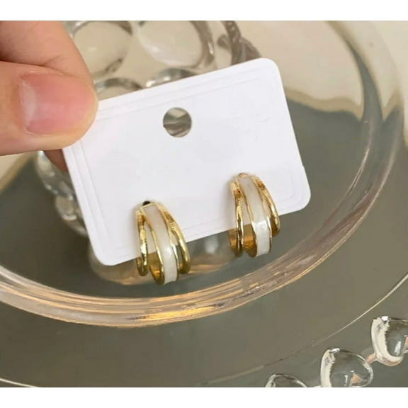 Clip on 3/4" small gold and white cutout hoop earrings