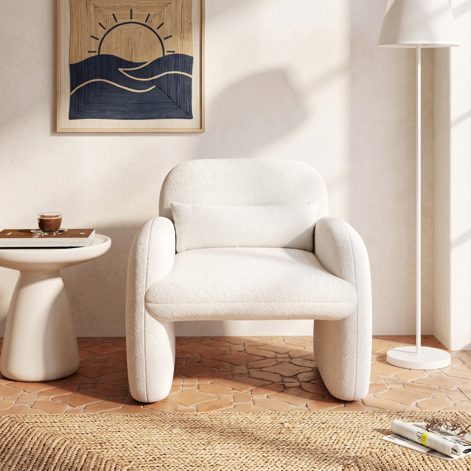 Furnibear Modern Accent Chair with Waist Pillow and Soft Armrests, Sherpa Upholstered Single Sofa Lounge Chair for Living Room, Bedroom, Office, 440 lb Weight, Beige