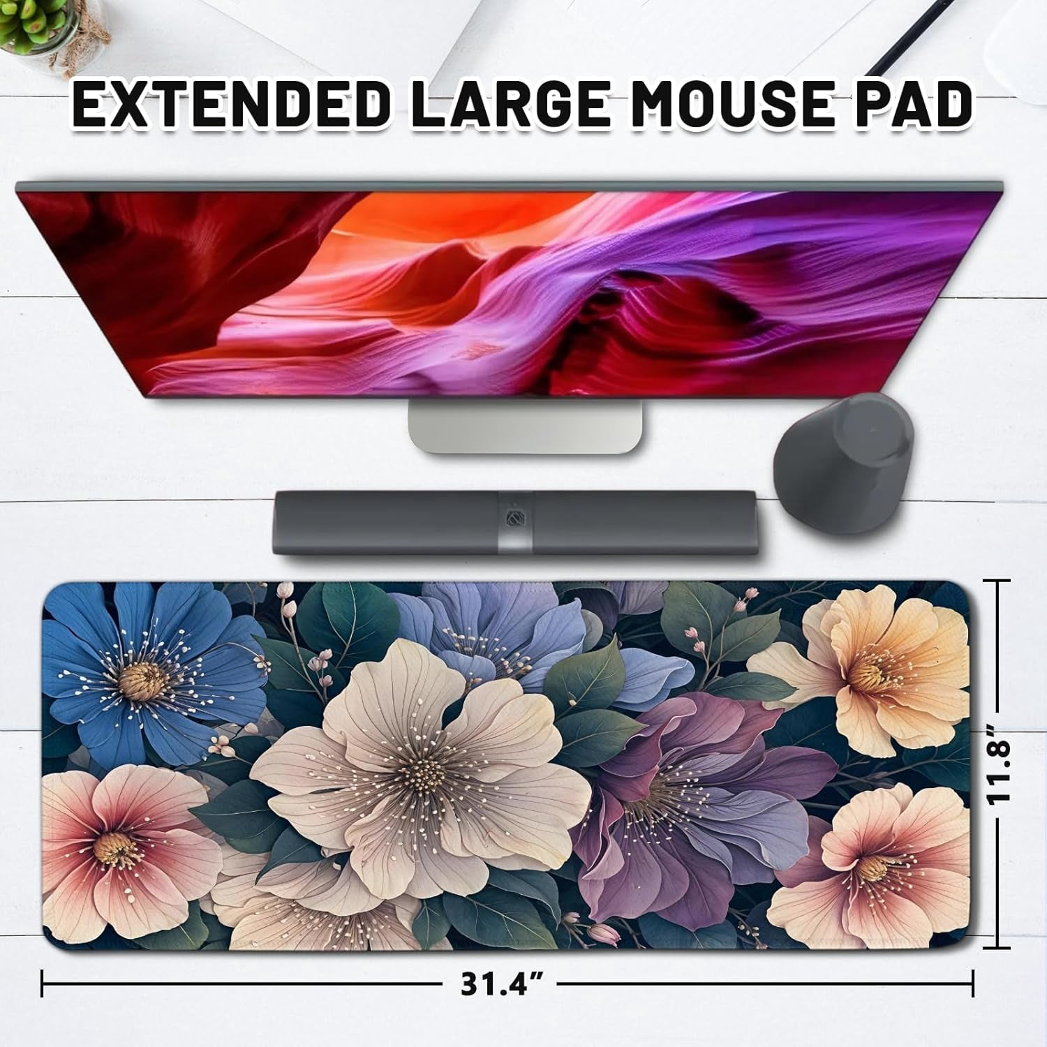 BlueFloral Gaming Mouse Pad, Large Computer Keyboard Mousepad, Flower Mouse Mat Big with Non-Slip Base and Stitched Edges, Long Desk Mat for Home Office 11.8”x 31.4” XL Gift for Christmas