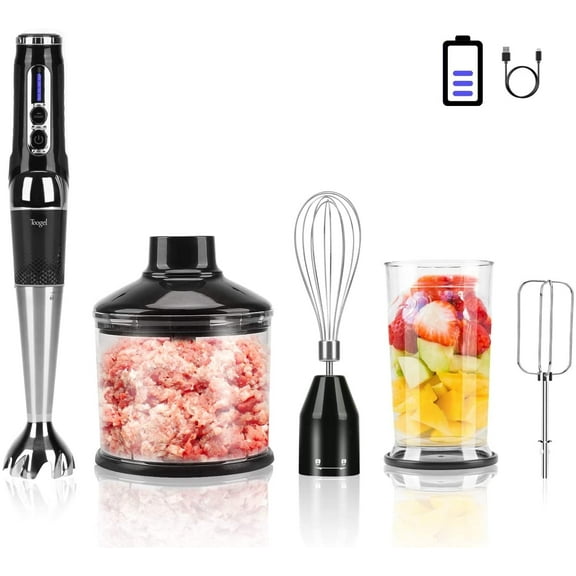Cordless Hand Blender 4-in-1 Rechargeable Immersion Handheld Blender, 21 Variable Speeds, 3-Angle Adjustable with 700ml Chopper, 700ml Beaker, Egg Whisk and Beater for Smoothies, Soup, Baby Food