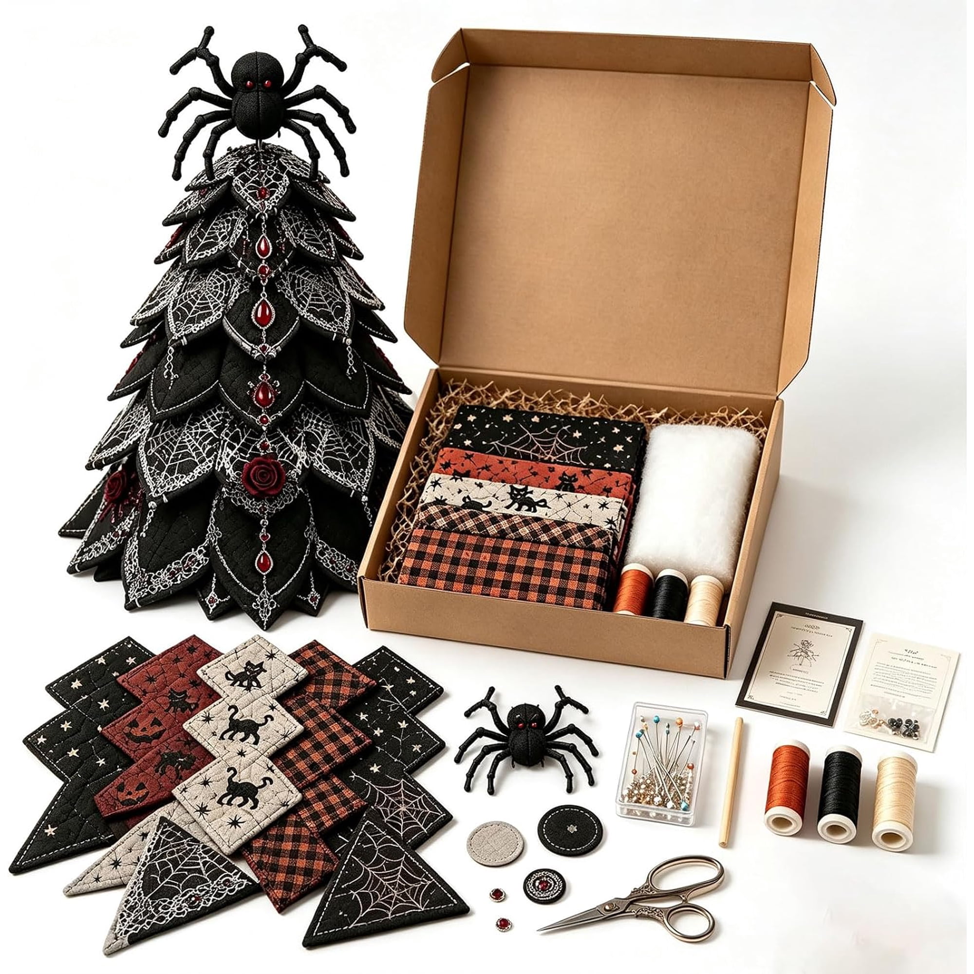 DIY Halloween Quilt Kit 3D Fabric Tree Sewing Craft Fall Home Decor | Halloween Fabric Quilt Kit 3D Padded Design DIY Sewing Craft Seasonal Home Decor(C without light)
