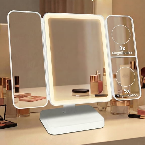 3X5X Magnifying Trifold LED Makeup Mirror with Adjustable Angles & Customizable Lighting