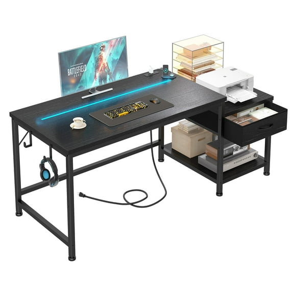 Romorgniz 48"W Gaming Desk with LED Lights & Power Outlets, Computer Desk with Fabric Drawer & Printer Shelf, Small Space Desk for Home Office, Dorm, Bedroom, Black