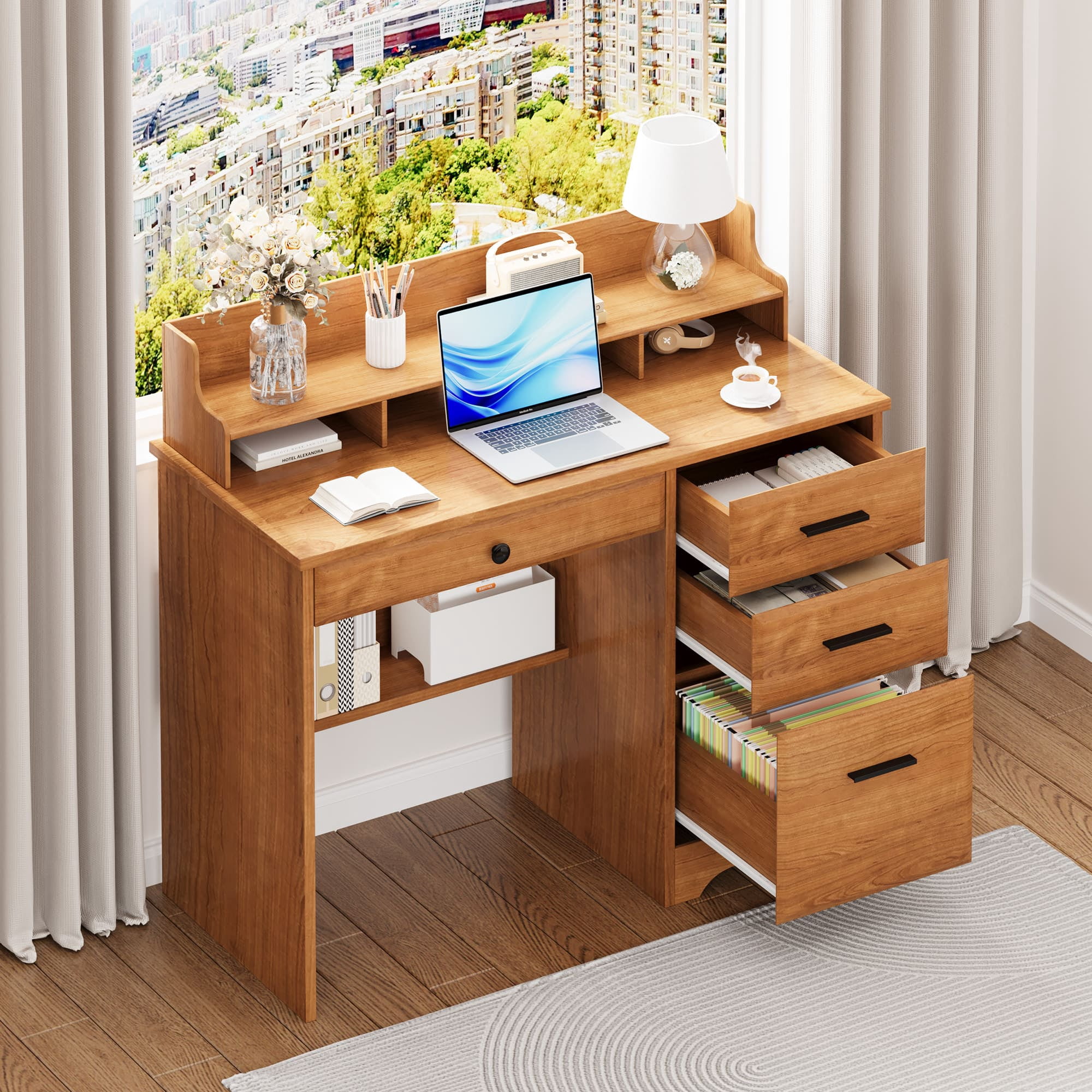 4 EVER WINNER Computer Desk with Drawers & Monitor Stand for Small Spaces, Wood Home Office Desk with File Cabinet, Writing Study Table for Bedroom Home Office, Brown
