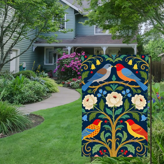 Spring Summer Garden Flag Double Sided Green Chinoiserie Flower and Bird Welcome Yard House Outside Outdoor Decoration,12*18 inch