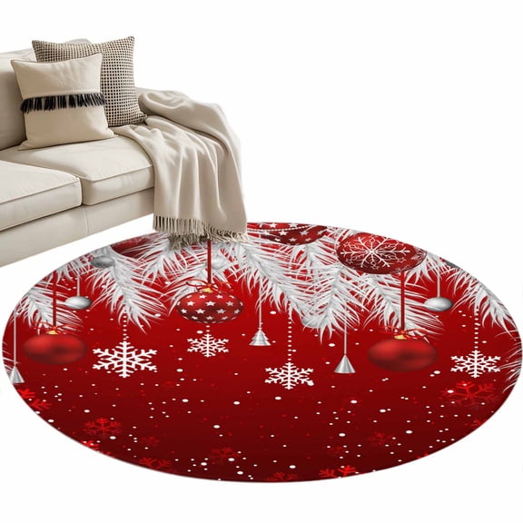 Red Christmas Round Area Rug 4 FT, Non Slip Indoor Outdoor Rug, Xmas Balls Snowflake Silver Pine Needles Washable Soft Circular Carpet Non-Shedding Floor Mat for Coffee Table Nursery Foyer Balcony