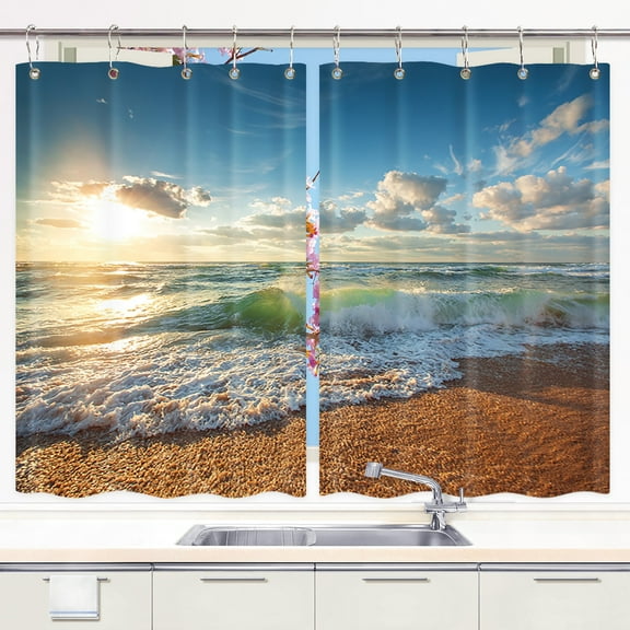 DeeCabin Beach Kitchen Curtains, Tropical Beach Ocean Decor Window Drapes Curtains 2 Panels Set Fabric Window Treatment Sets With Hooks, 56x45 Inches