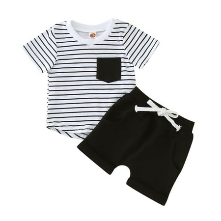 

Outfits for Girls Short Sleeve Striped Prints Tops Shorts 2Pcs Round Neck Casual Home Suits for Kids Boys