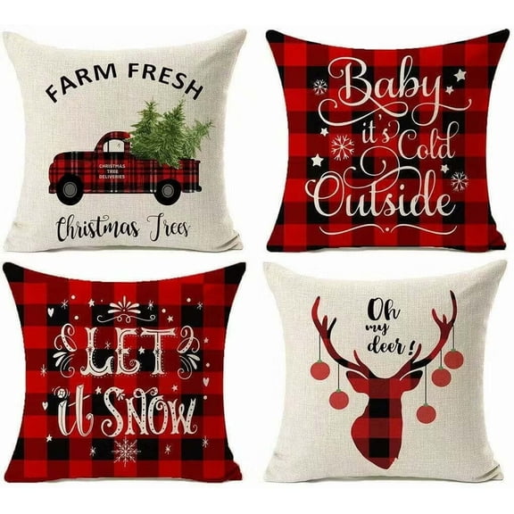 Coolmade Set of 4 Christmas Decorations Buffalo Plaid Farmhouse Decor Throw Retro Truck Home Decoration - 18 x 18 Inch Throw Pillow Covers (Cushions NOT Included