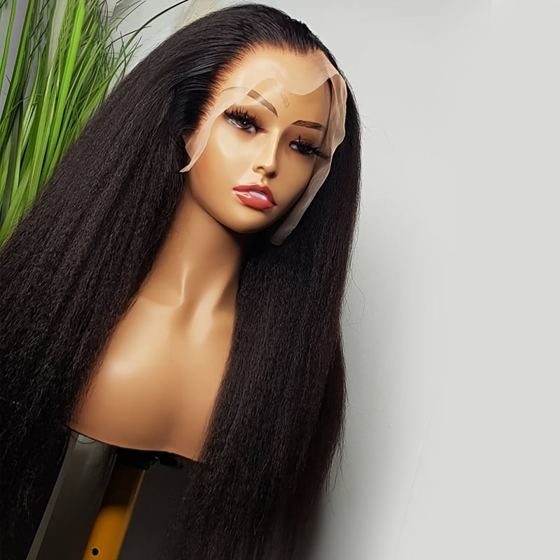 Glueless 30 Inch Kinky Straight Natural Black Yaki Synthetic Hair 180%Density|Lace Front Wig | Preplucked Baby Hair & Heat Resistant | Daily Wig for Women)
