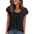 thumbnail image 2 of Womens Lace Tops Pleated Short Sleeve Shirts Summer Business Casual Dressy Blouses Black 2XL, 2 of 7