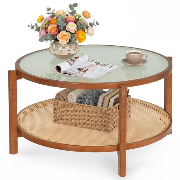 Gymax Rattan Coffee Table 2-Tier Wooden Center Table w/ Frosted Tempered Glass Top