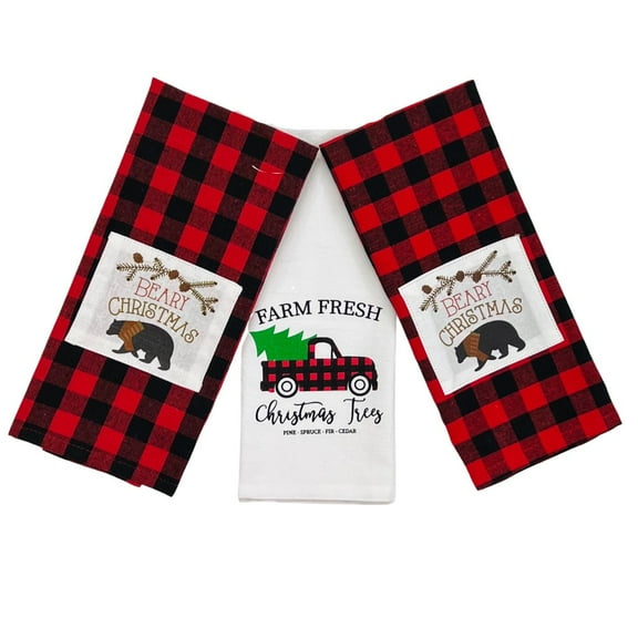 Serafina Home Christmas Kitchen Hand Towels: Farmhouse Merry Christmas on Herringbone Weave and Colorful Happy Holidays Check Print Print on Flat Weave Terry , 100% Cotton