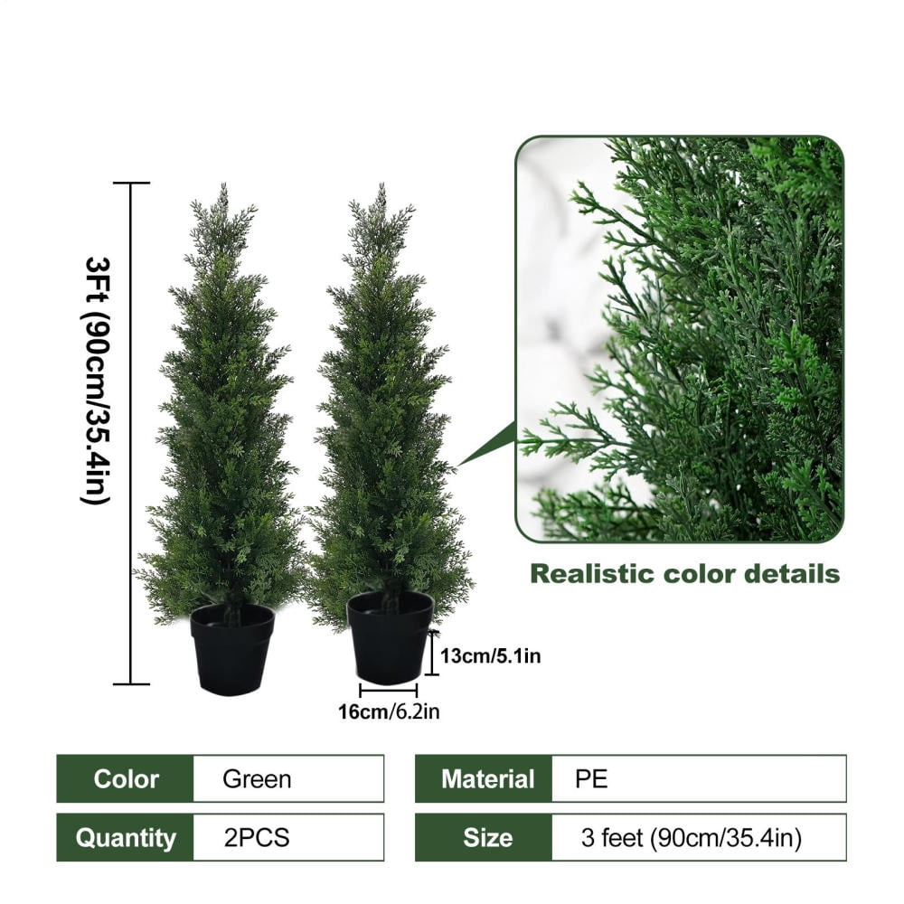 3ft Artificial Topiary Cedar Trees, UV Protection Fake Evergreen Plants, 2-Pack Potted Outdoor Decor for Patio Porch Entryway